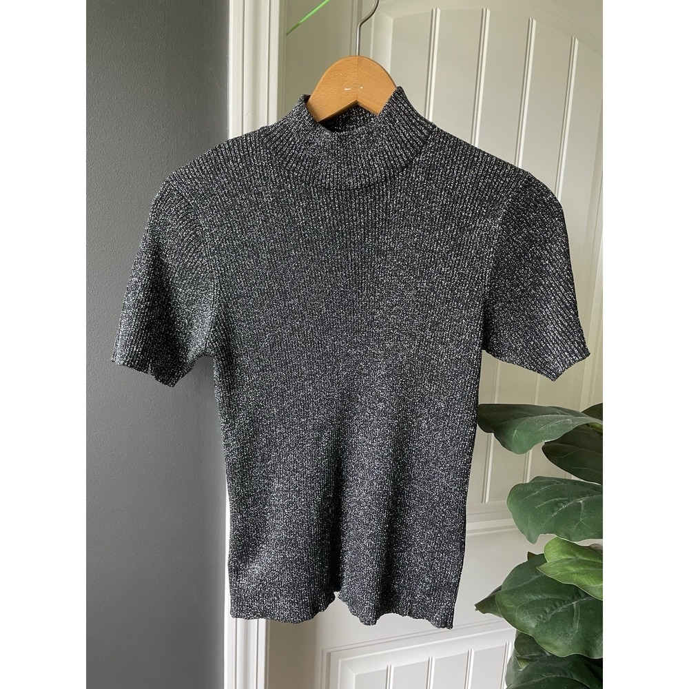 August Silk 100% Silk Knit Mock Neck Sweater Top S/S Silver Shimmer Size Medium
